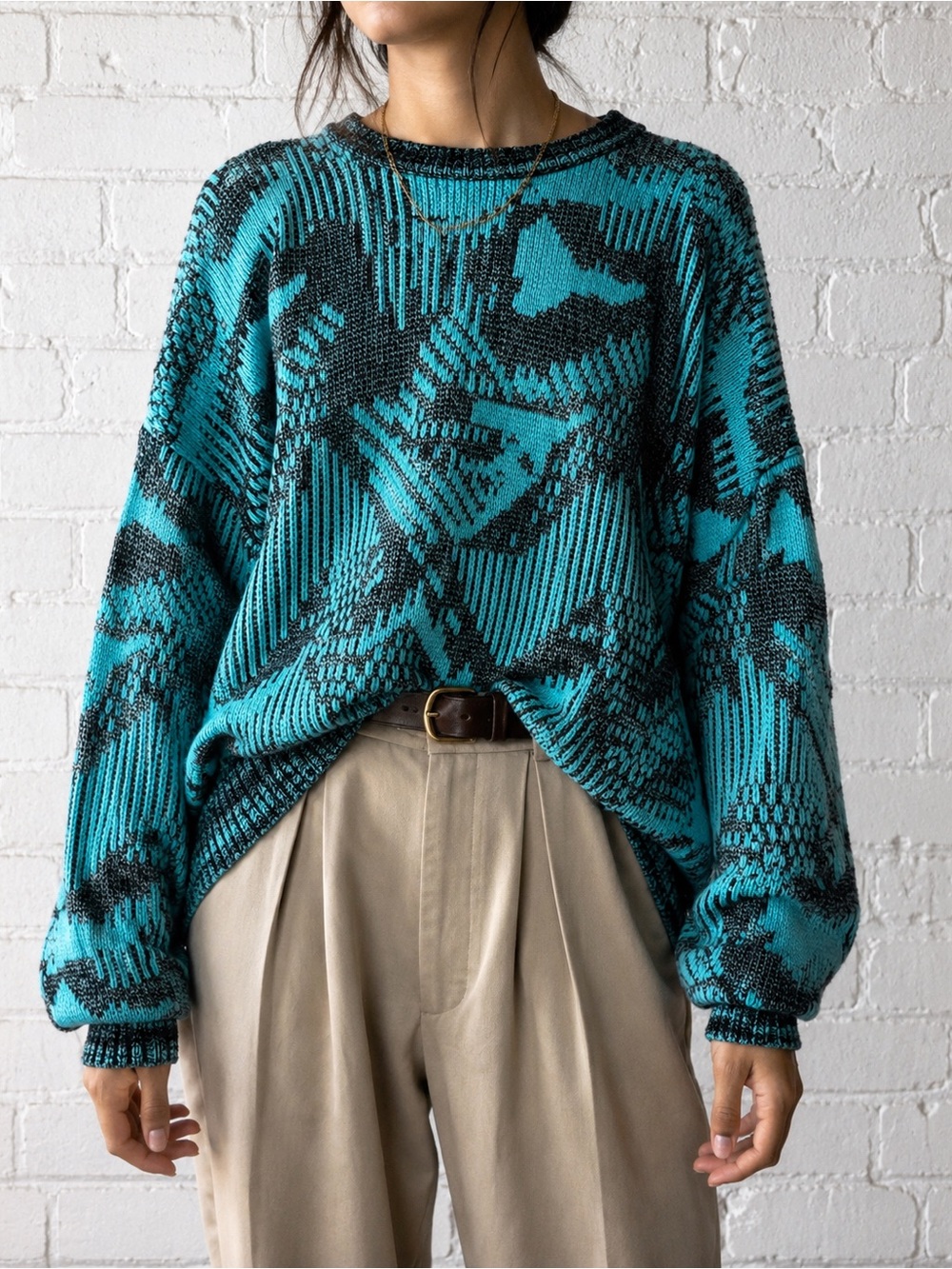 Vintage Koman Turquoise Black Abstract Acrylic Rayon Sweater XL 80s 90s